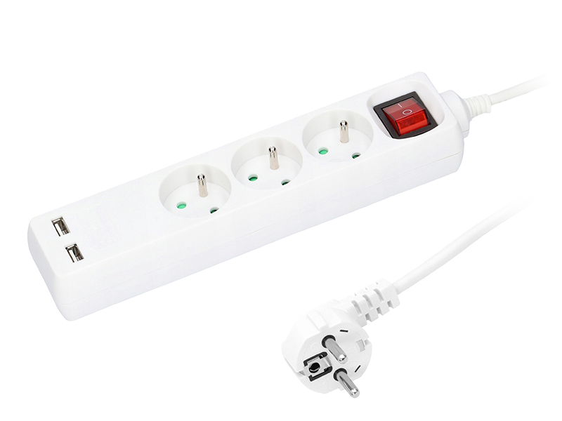 98-192#--Specyfikacja:Model: PR-370WS/USBDługość: 1,5mWtyk: sieciowy, kątowyIlość gniazd: 3Uziemienie: takUSB: 2x 5V/2,4AWłącznik: dwubiegunowy, podświetlanyPrąd znamionowy: 10AKolor przewodu: biały&amp;nbsp;Przedłużacz sieciowy znanej i cenionej polskiej