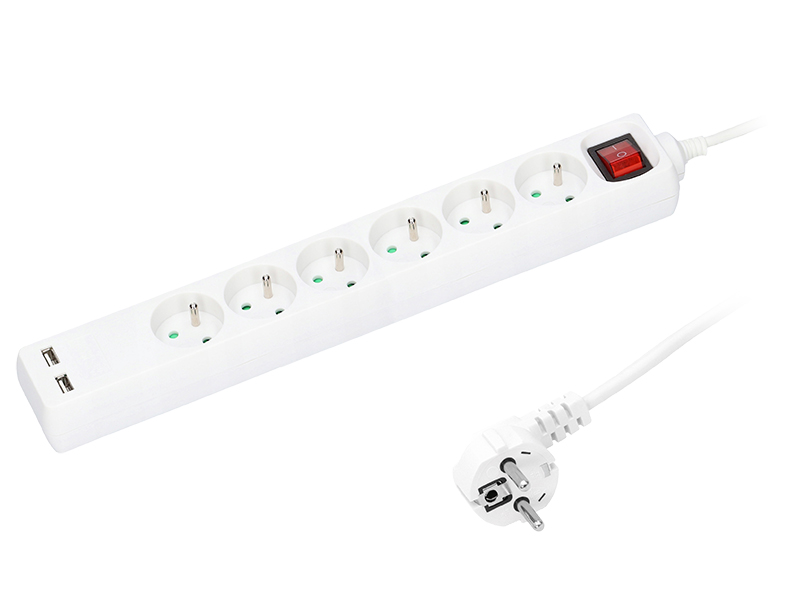 98-196#--Specyfikacja:- Model: PR-370WS/USB- Długość: 3m- Wtyk: sieciowy, kątowy- Ilość gniazd: 6- Uziemienie: tak- USB: 2x 5V/2,4A- Włącznik: dwubiegunowy, podświetlany- Prąd znamionowy: 10A- Kolor przewodu: biały&amp;nbsp;Przedłużacz sieciowy znanej i c