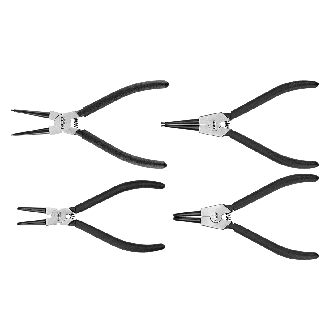 TOP-01-097--Szczypce segera do pierścieni osadczych, zestaw 4 sztuk, stal chromowo wanadowa, uchwyt jednokomponentowy, zewnętrzne proste długość 180mm, zewnętrzne wygięte długość 170mm, wewnętrzne proste długość 180 mm, wewnętrzne wygięte długość 170 mm.