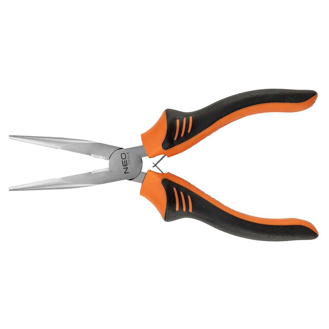 TOP-01-253--Szczypce wydłużone proste 180 mm, sprężynka rozpierająca, dwumateriałowy uchwyt, stal CS