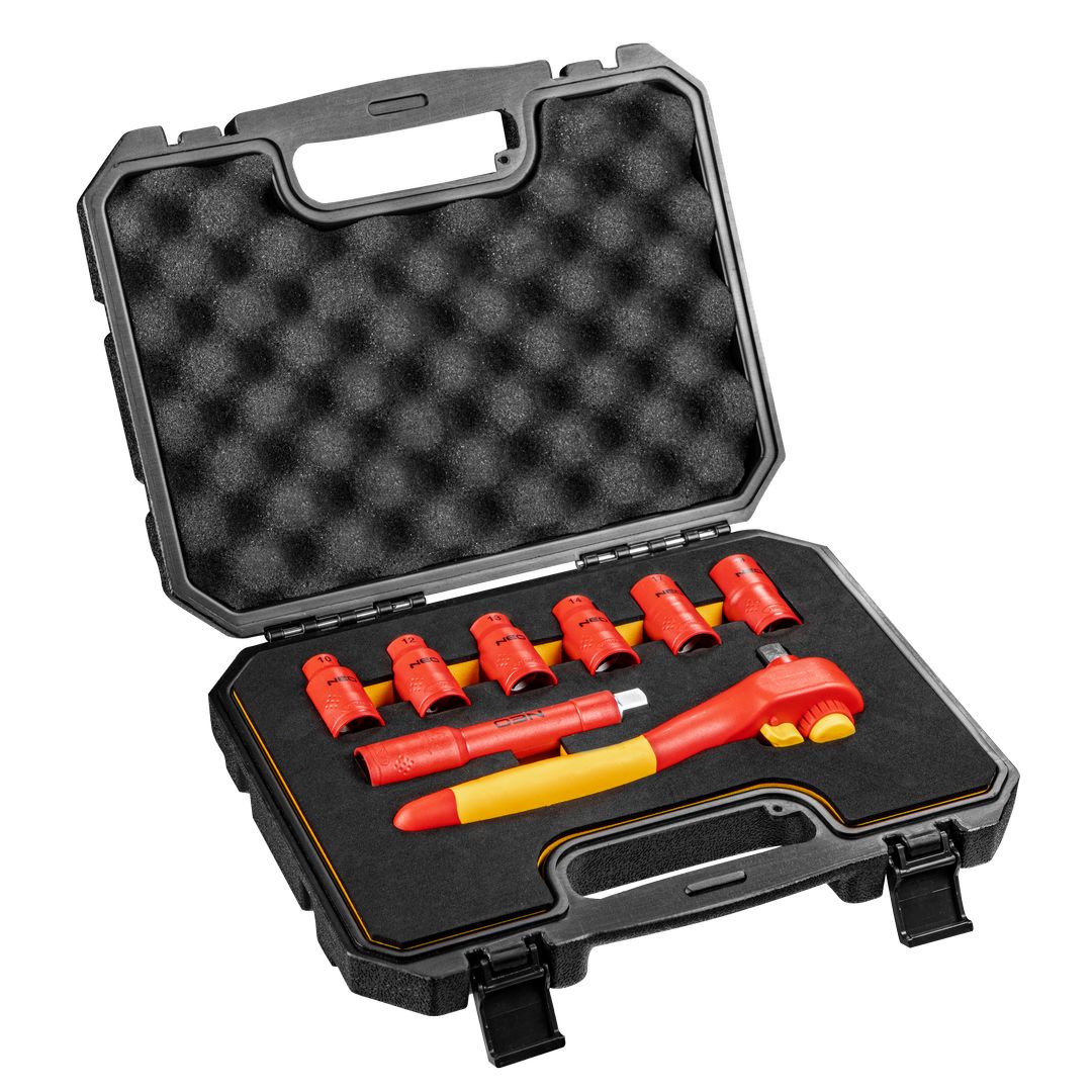 TOP-01-307--Zestaw kluczy nasadowych NEO 1/2" stal CrV, nasadki sześciokątne 1/2", 8 szt.: 10, 12, 13, 14, 17, 19 mm, grzechotka 1/2", 36  zęby, przedłużka 1/2" 125mm, certyfikat 1000V