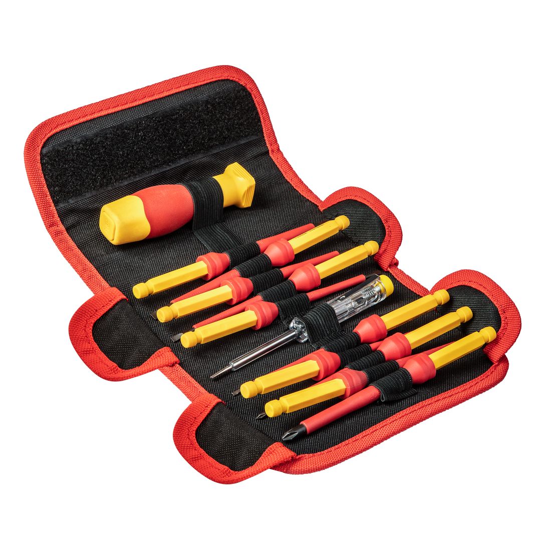 TOP-01-308--Końcówki wkrętakowe z uchwytem, certyfikat 1000V, stal S2, 12 sztuk, nylonowy poucz, próbnik elektryczny 3,0X190mm 260V, rozmiary końcówek wymiennych: Sl 2, 2.5, 3, 3.5, 4, 5.5, 6.5, PH0, PH1, PH2, długość końcówek 100mm, uchwyt.