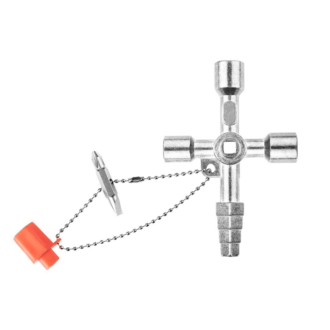 TOP-01-402--Kluczyk uniwersalny do szafek, kwadratowy stopniowy 6.2, 7.2, 8.2 mm, wewnętrzny kwadratowy 7.2 mm i 8.2 mm, wewnętrzny trójkątny 10 mm, podwójny bit na łańcuszku krzyżowy PH2 / płaski, Adapter na bit 1/4 cala, klucz do odpowietrzania grzejników