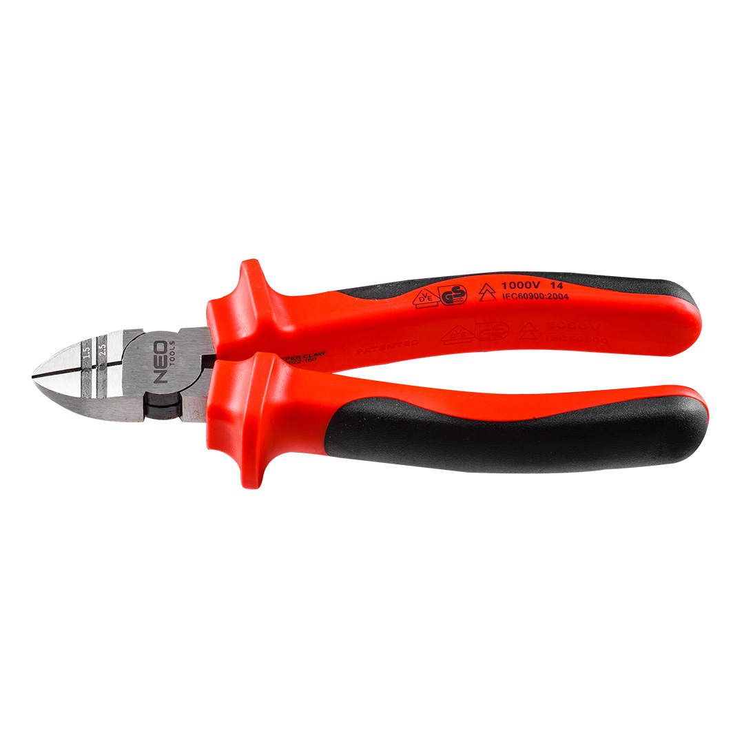 TOP-01-525--Szczypce boczne 1000V, 160 mm, rękojęść dwumateriałowa TPR, stal CrV, ściagacze izolacji do przewodów 1.5 i 2.5 mm
