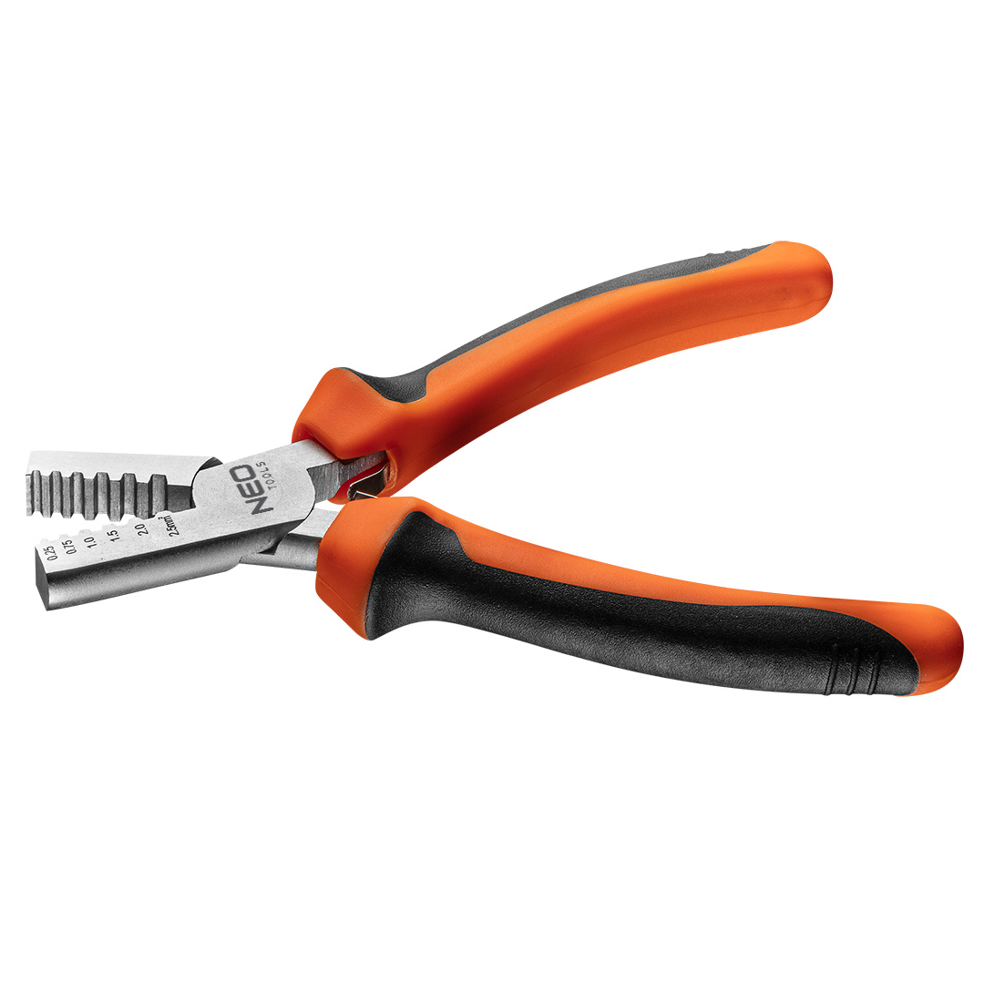 TOP-01-532--Szczypce do zaciskania końcówek, zakres 0.25-2.5 mm (15-9 AWG), długość 140mm, dwukomponentowy uchwyt, blaszki rozpierające, stal węglowa
