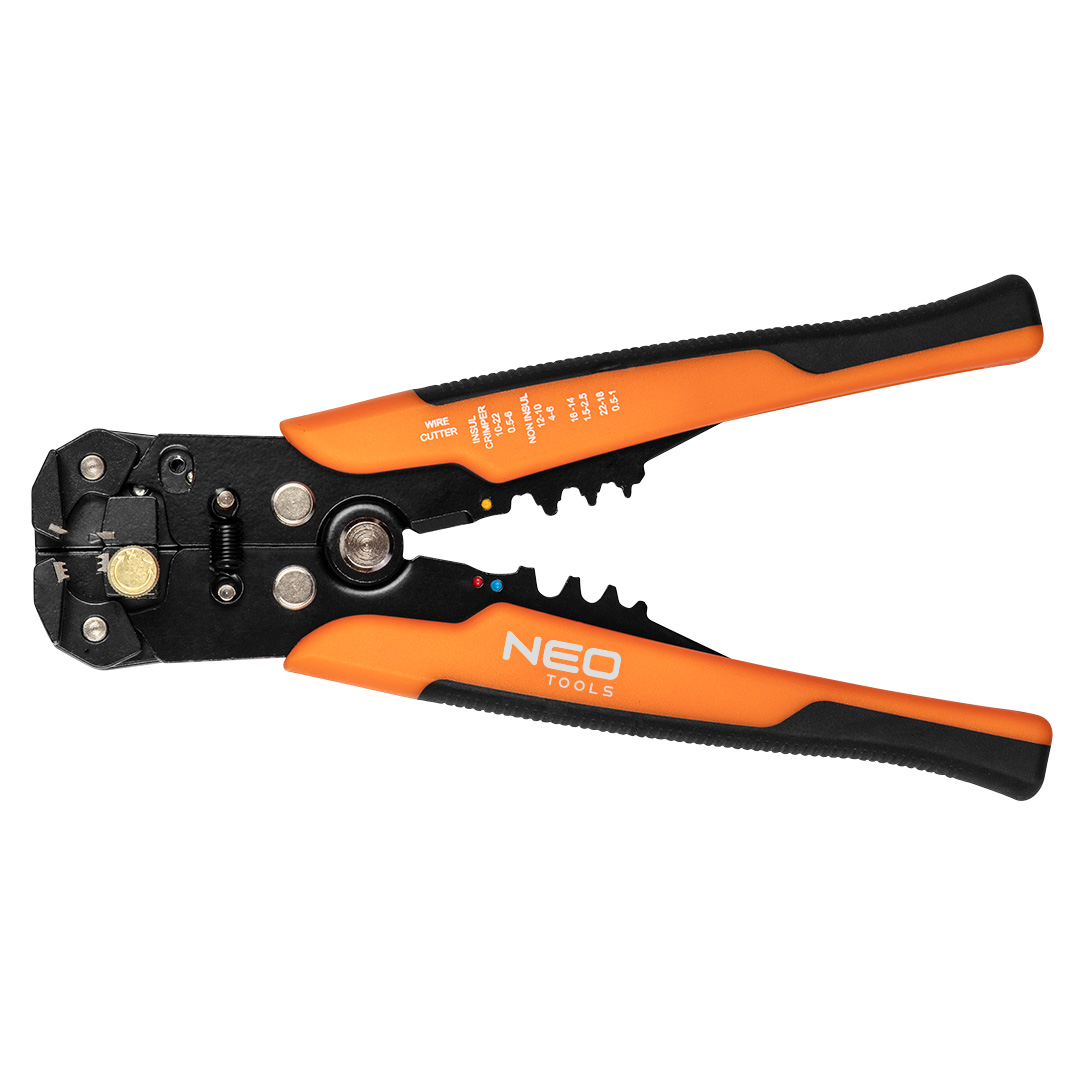 TOP-01-540--Automatyczny ściągacz izolacji 200 mm, czołowy, twardość szczęk 52-60 HRc, zakres pracy 0.5-6.0 mm2 (22-10 AWG), zakres zaciskania końcówek konektorowych nieizolowanych 0.5-6 mm2 oraz izolowanych 0.5-8mm2, uchwyt dwukomponentowy TPR+ABS, stal szczęk 