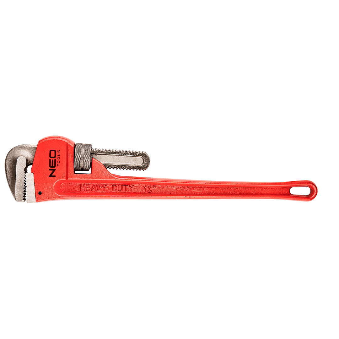 TOP-02-418--Klucz do rur stillson 450 mm, zakres 65 mm, 18", waga 1.79 kg, korpus z żeliwa sferoidalnego, szczęki odkuwane, szlifowane, rowkowane, mechanizm ślimakowy