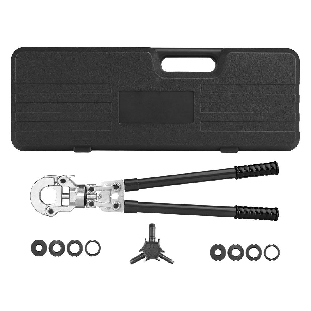 TOP-02-445--Praska do zaciskania złączek PEX zakres teleskopowych uchwytów 58-83 cm, obrotowa głowica 360 stopni, moc 60kN, walizka, matryce typu U: 16 mm / 20 mm / 25 mm / 32 mm, matryce typu TH: 16 mm / 20 mm / 26 mm / 32 mm, waga 4,26kg, miekki uchwyt, kalibr