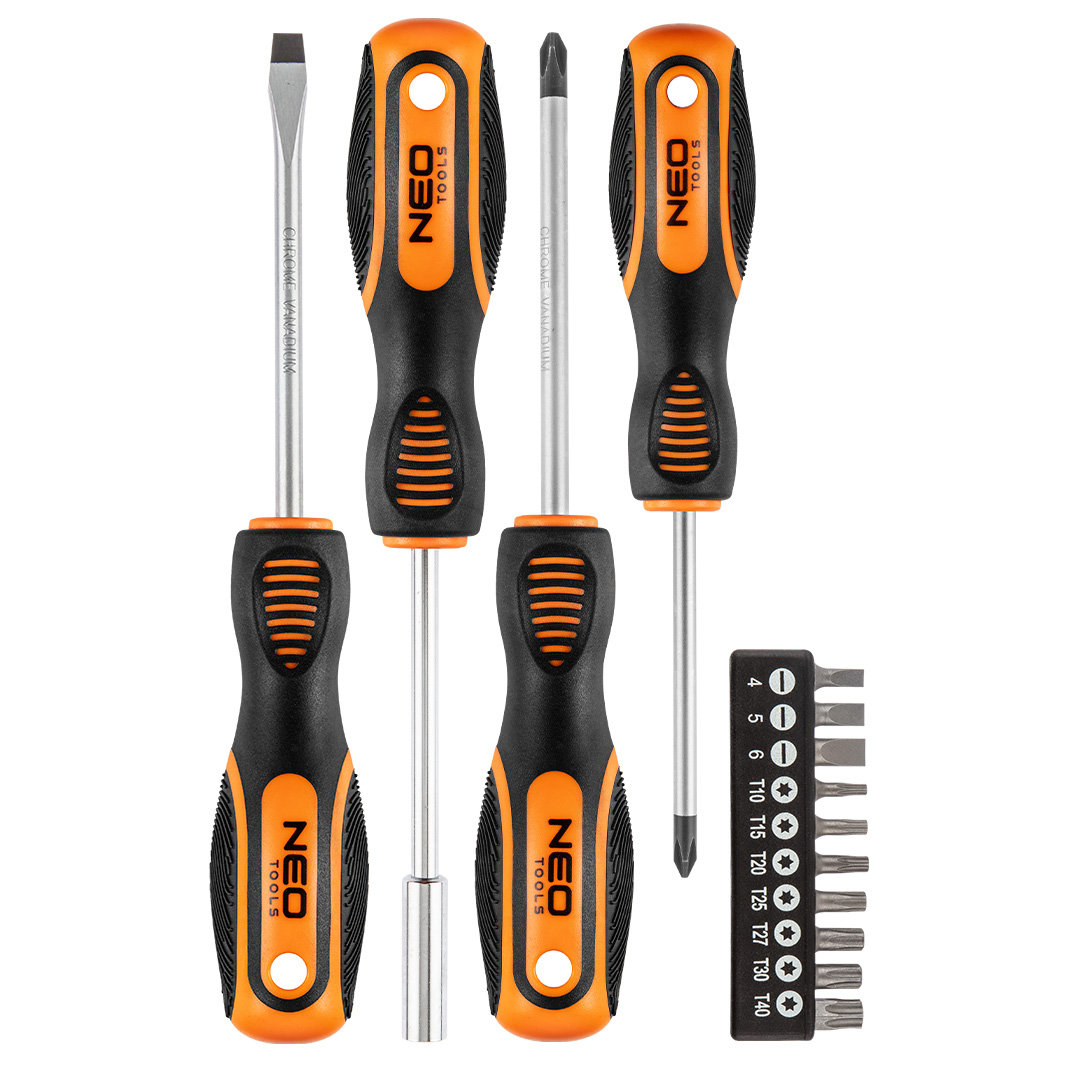 TOP-04-196--Wkrętaki i końcówki wkrętakowe 14 szt., rozmiar: 4, 5, 6 mm, Torx T10, T15, T20, T25, T27, T30, T40, 6.5 x 100 mm, PH2 x 100 mm, PH1 x 75 mm, 1 zestaw bitów.