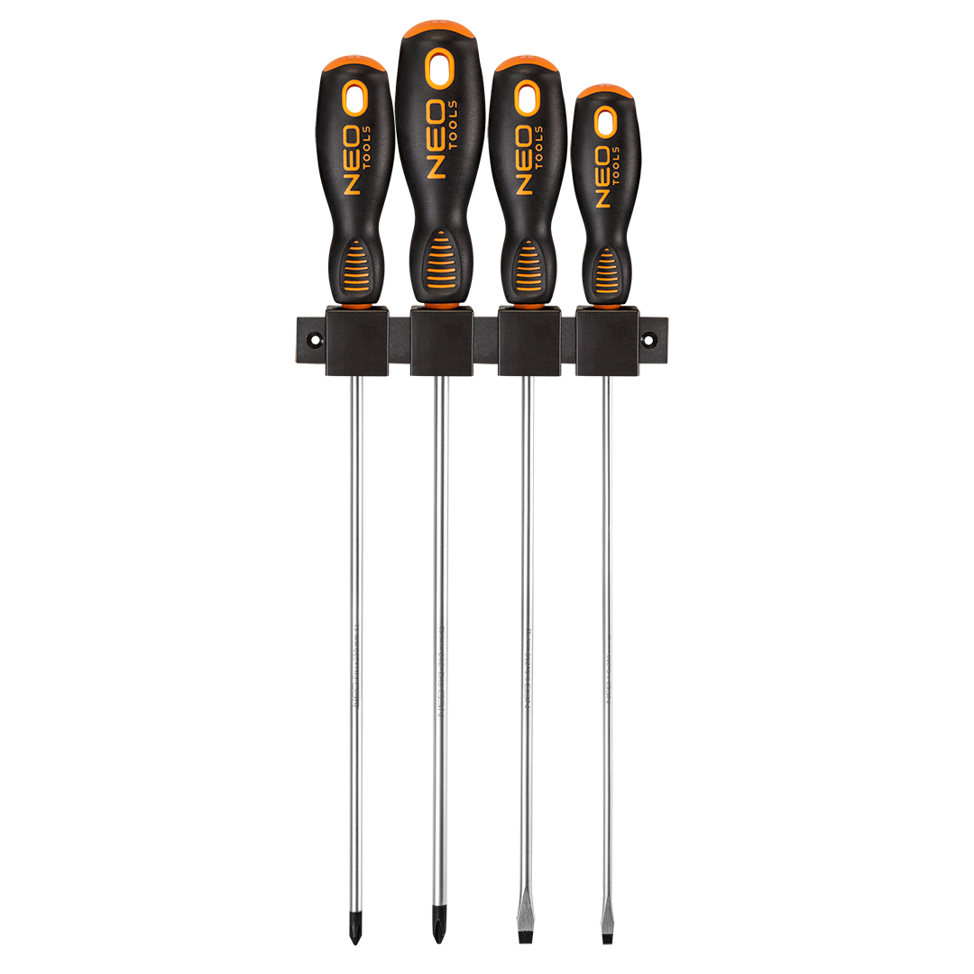 TOP-04-214--Zestaw wkrętaków 250mm, 4 szt. , stal S2, magnetyczna końcówka, trójgraniasty kształt uchwytu, wyprofilowane oparcie dla kciuka, uchwyt pokryty tworzywem TPR odpornym na działanie chemikaliów, olejów mineralnych, smarów, rozmiary: płaskie 5x250 mm, 4