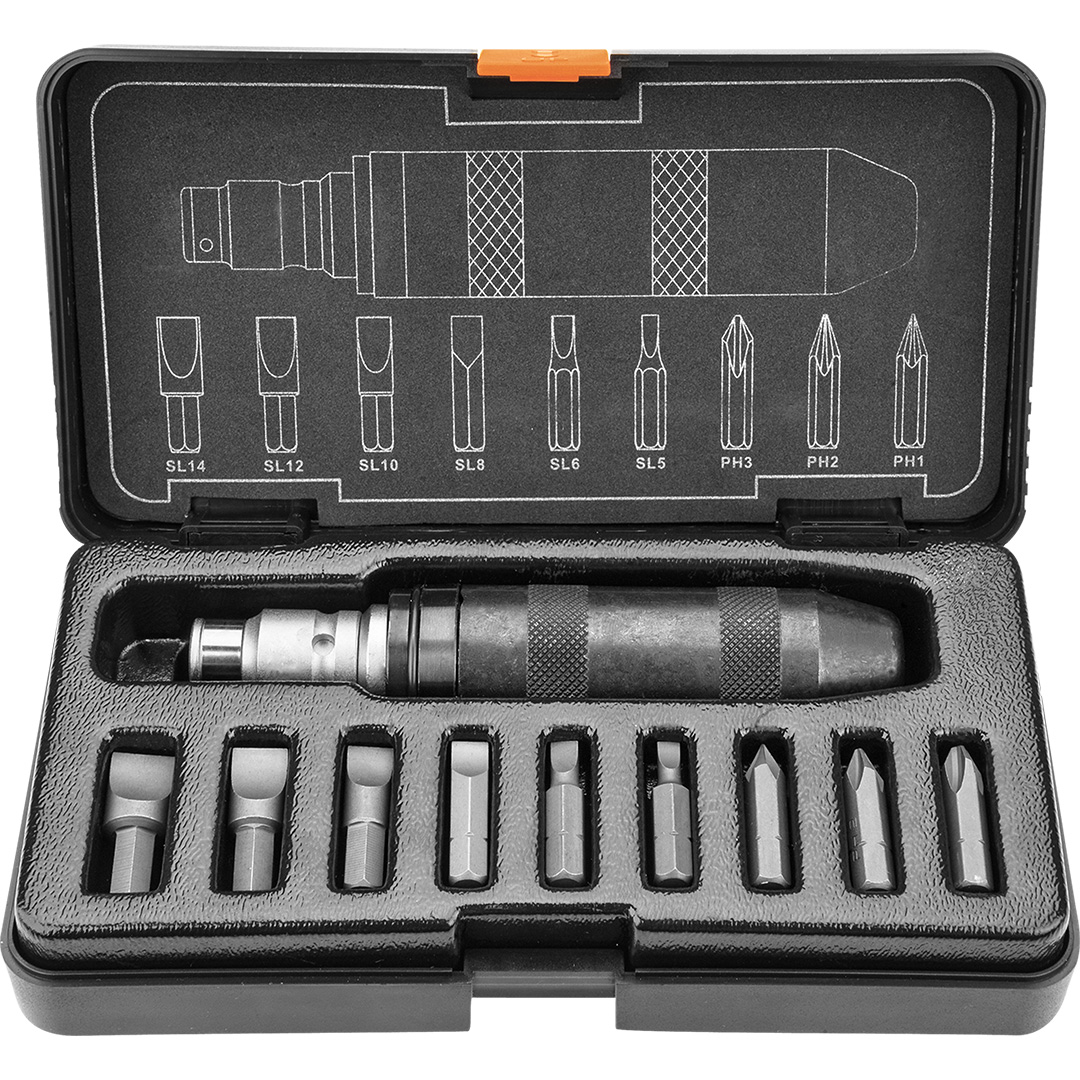 TOP-04-250--Wkrętak udarowy 1/2", zestaw 1, uchwyt stal CrV, uchwyt do końcówek 5, 16" na kwadrat 1/2", 10 szt. końcówek wkrętakowych, rozmiary: płaskie 5, 6, 8, 10, 12, 14 mm, krzyżowe PH1, PH2, PH3, etui z tworzywa, TÜV