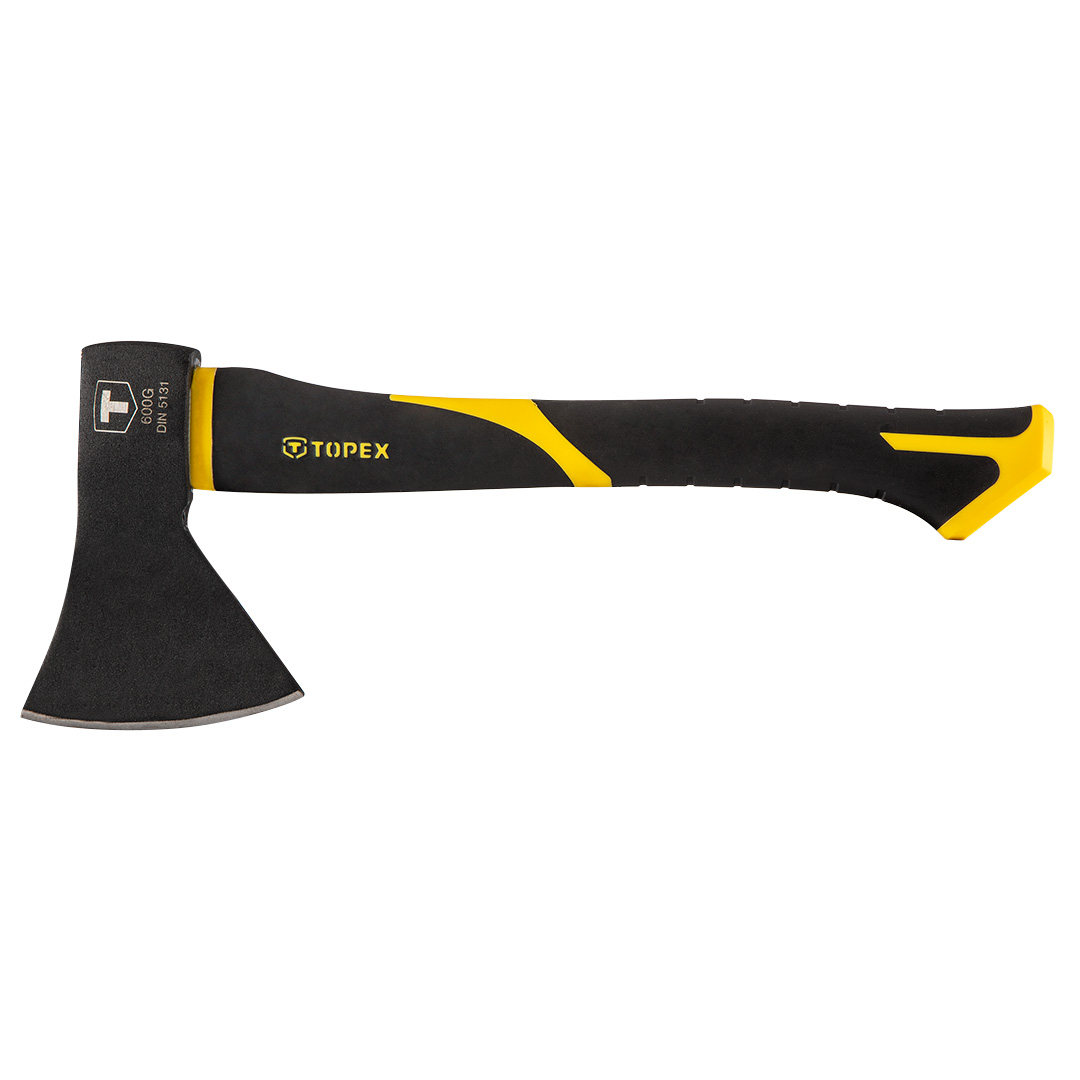 TOP-05A220--Siekiera 600 g, trzonek z włókna szklanego, obuch kuty, hartowany strefowo, (LxHxW) 360 x 150 x 20 mm, DIN5131, gumowany uchwyt