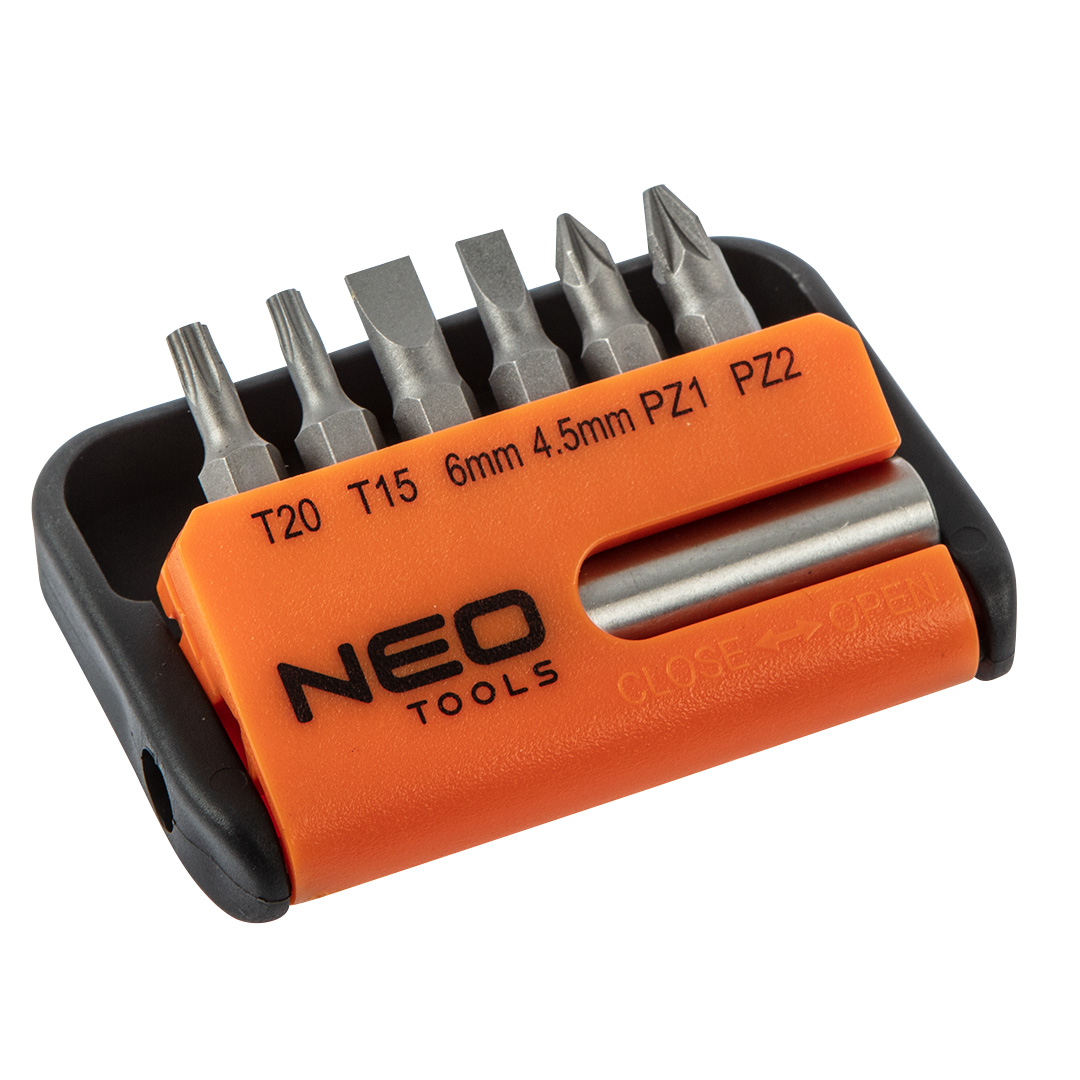 TOP-06-101--Końcówki wkrętakowe z uchwytem, zestaw 7 szt., uchwyt 1/4", 60 mm, magnetyczny, 6 szt. końcówek wkrętakowych 25 mm, stal S2, rozmiary: płaskie 4.5, 6 mm, krzyżowe PZ1, PZ2, Torx T15, T20, etui z tworzywa, TÜV