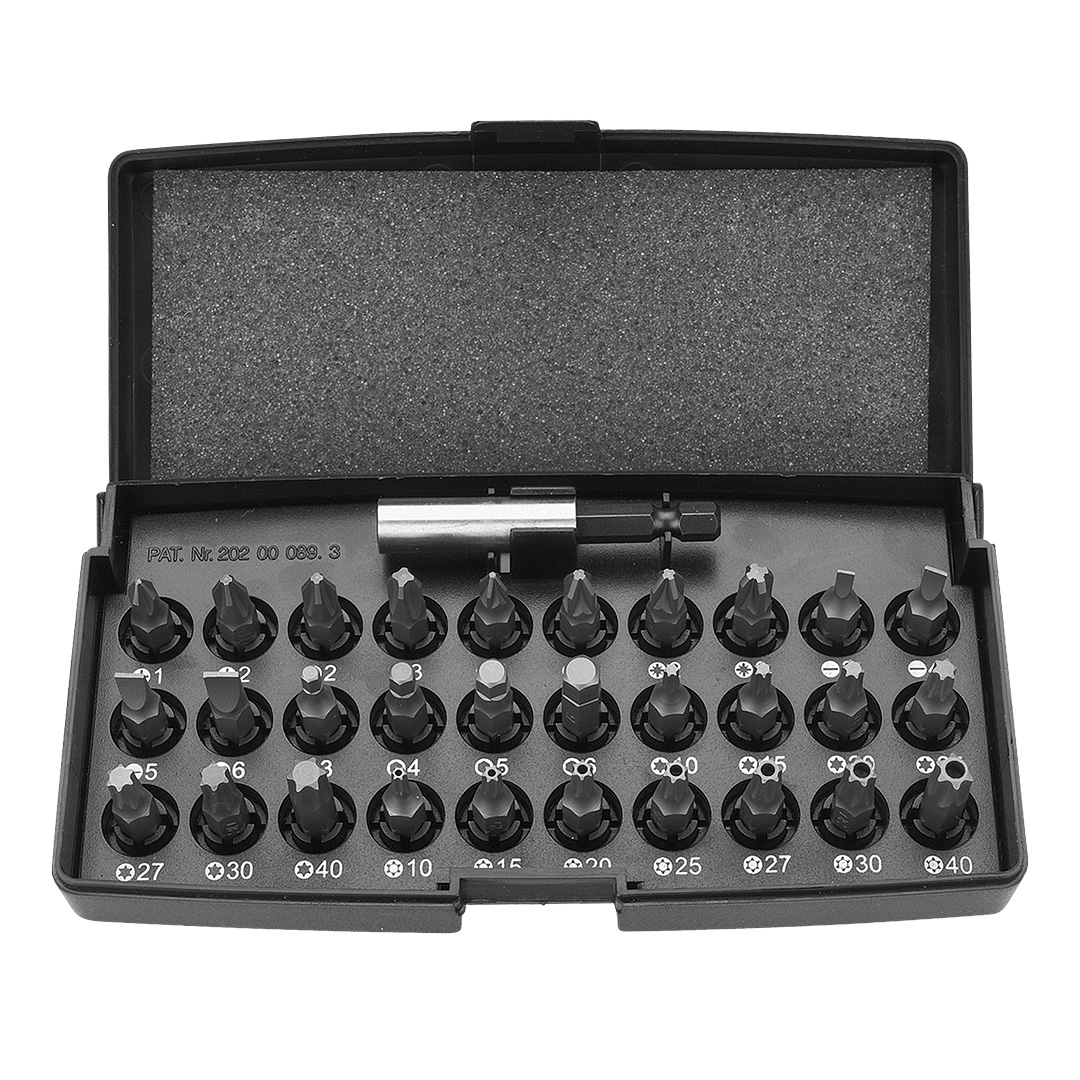 TOP-06-103--Końcówki wkrętakowe z uchwytem, zestaw 31, uchwyt 1/4", 60 mm, magnetyczny, 30 szt. końcówek wkrętakowych 25 mm, stal S2, rozmiary: płaskie 3, 4, 5, 6 mm, krzyżowe PH1, 2 x PH2, PH3, PZ1, 2 x PZ2, PZ3, Torx T10, T15, T20, T25, T27, T30, T40, Tor