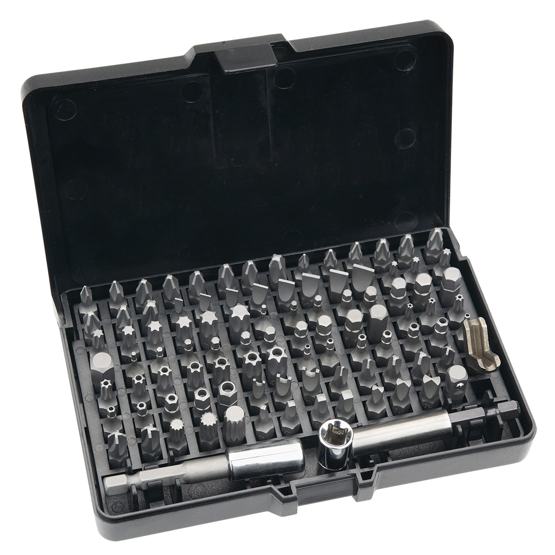 TOP-06-104--Końcówki wkrętakowe z uchwytem, zestaw 99 szt., 2 szt. uchwyt 1/4", 60 mm, magnetyczny, 95 szt. końcówek wkrętakowych 25 mm, stal S2, rozmiary: płaskie 3, 4, 4.5, 5.5, 6, 6.5, 7, 8 mm, krzyżowe PH0, PH1, 5 x PH2, PH3, PZ0, 2 x PZ1, 5 x PZ2, PZ3,