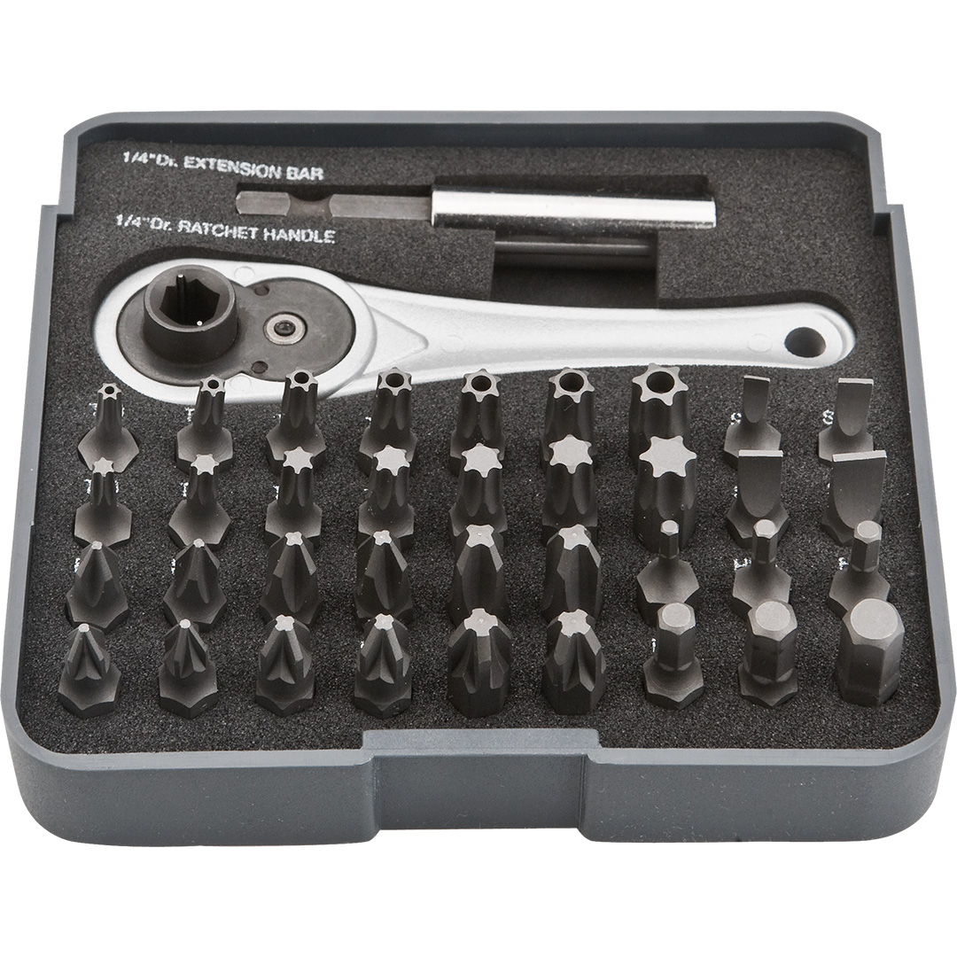 TOP-06-105--Końcówki wkrętakowe z uchwytem, zestaw 38 szt., grzechotka do bitów 1/4", 48 zębów, uchwyt 1/4", 60 mm, 36 szt. końcówek wkrętakowych 25 mm, stal S2, rozmiary: płaskie 3, 4, 5, 6 mm, krzyżowe 2 x PH1, 2 x PH2, 2 x PH3, 2 x PZ1, 2 x PZ2, 2 x