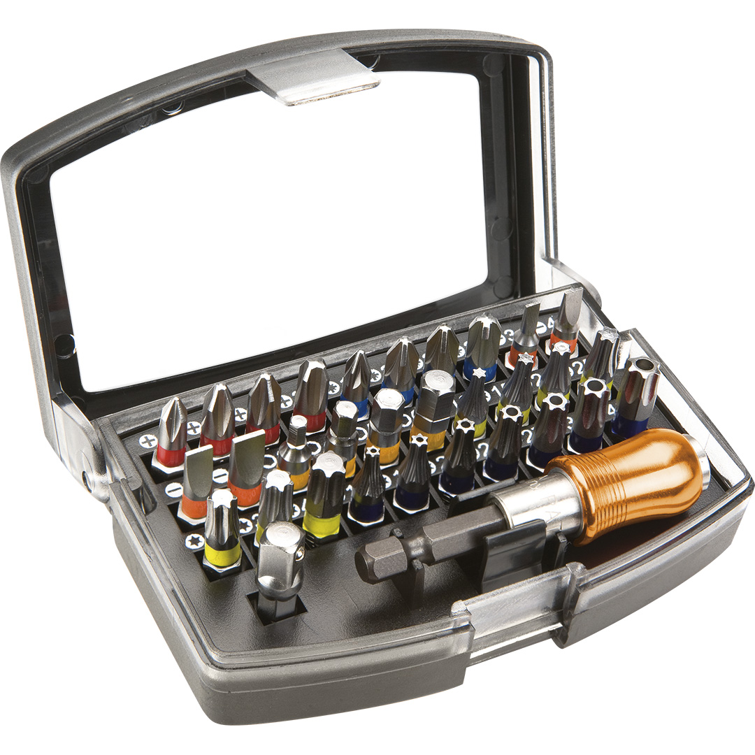 TOP-06-106--Końcówki wkrętakowe z uchwytem, zestaw 32 szt., uchwyt 1/4", 65 mm, 30 szt. końcówek wkrętakowych 25 mm, stal S2, rozmiary: płaskie 3, 4, 5, 6 mm, krzyżowe PH1, 2 x PH2, PH3, PZ1, 2 x PZ2, PZ3, Torx T10, T15, T20, T25, T27, T30, T40, Torx z otwo