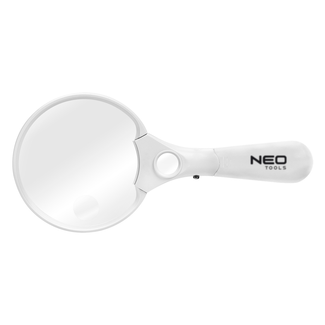 TOP-06-129--Szkło powiększające, plastikowy uchwyt, średnica 110 mm, soczewki 110mm DPT  2.5x, 20mm DPT 4x, 20mm DPT 25x, 3xLED, baterie 3xAAA, rozmiar 275*144.5*35.5mm