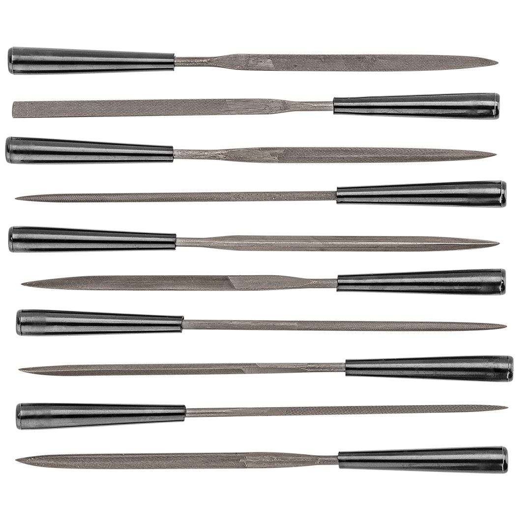 TOP-06A015--Pilniki iglaki do metalu, zestaw 10 szt., L 140, O 3 mm, plastikowe uchwyty
