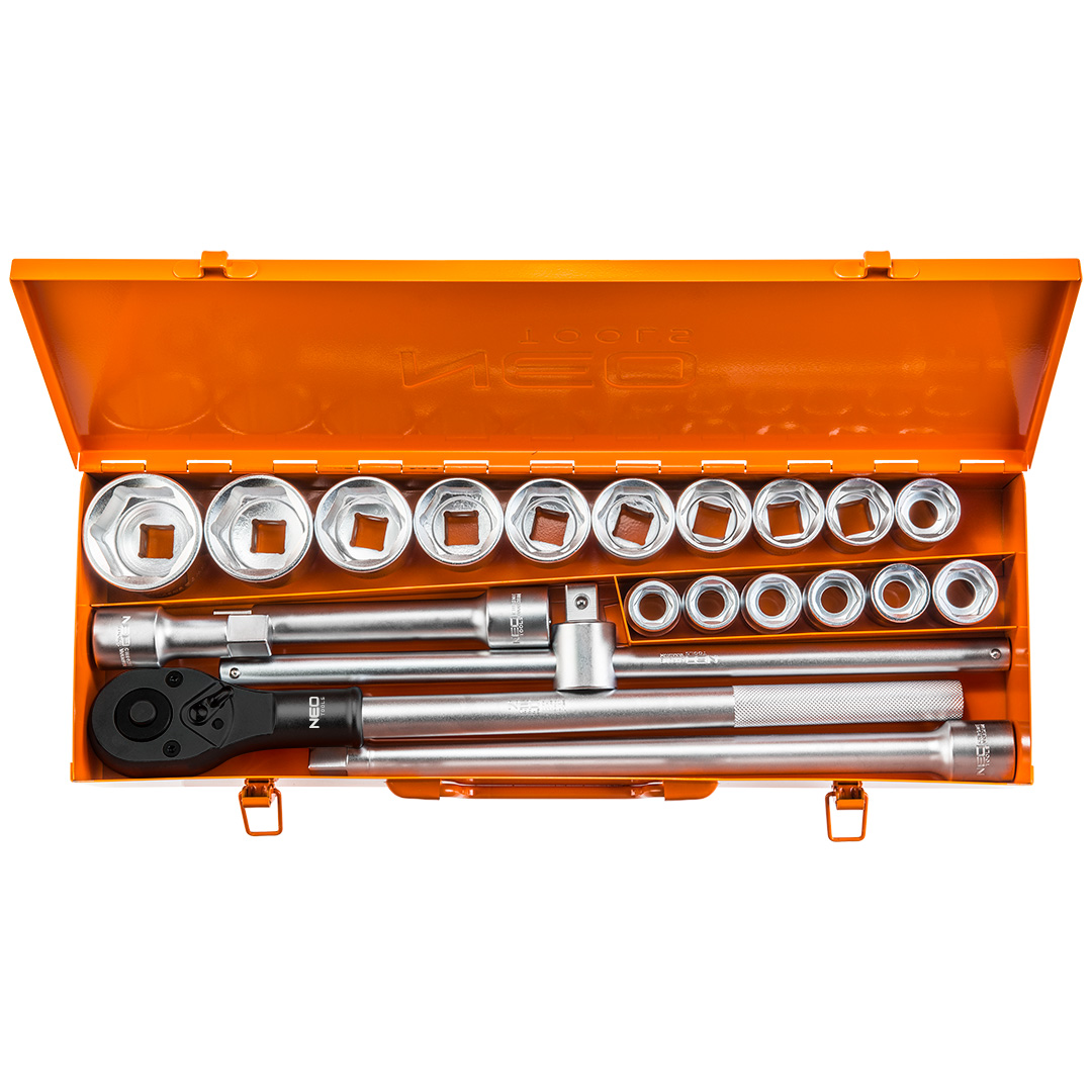 TOP-08-061--Klucze nasadowe 3/4", zestaw 21 szt.: grzechotka 500 mm, 24 zęby, przełącznik kierunku obrotów, pokrętło z zabierakiem 460 mm, 3 szt. przedłużek 100, 200, 400 mm, 16 szt. nasadek sześciokątnych, rozmiary: 19, 21, 22, 23, 24, 26, 27, 29, 30, 32, 