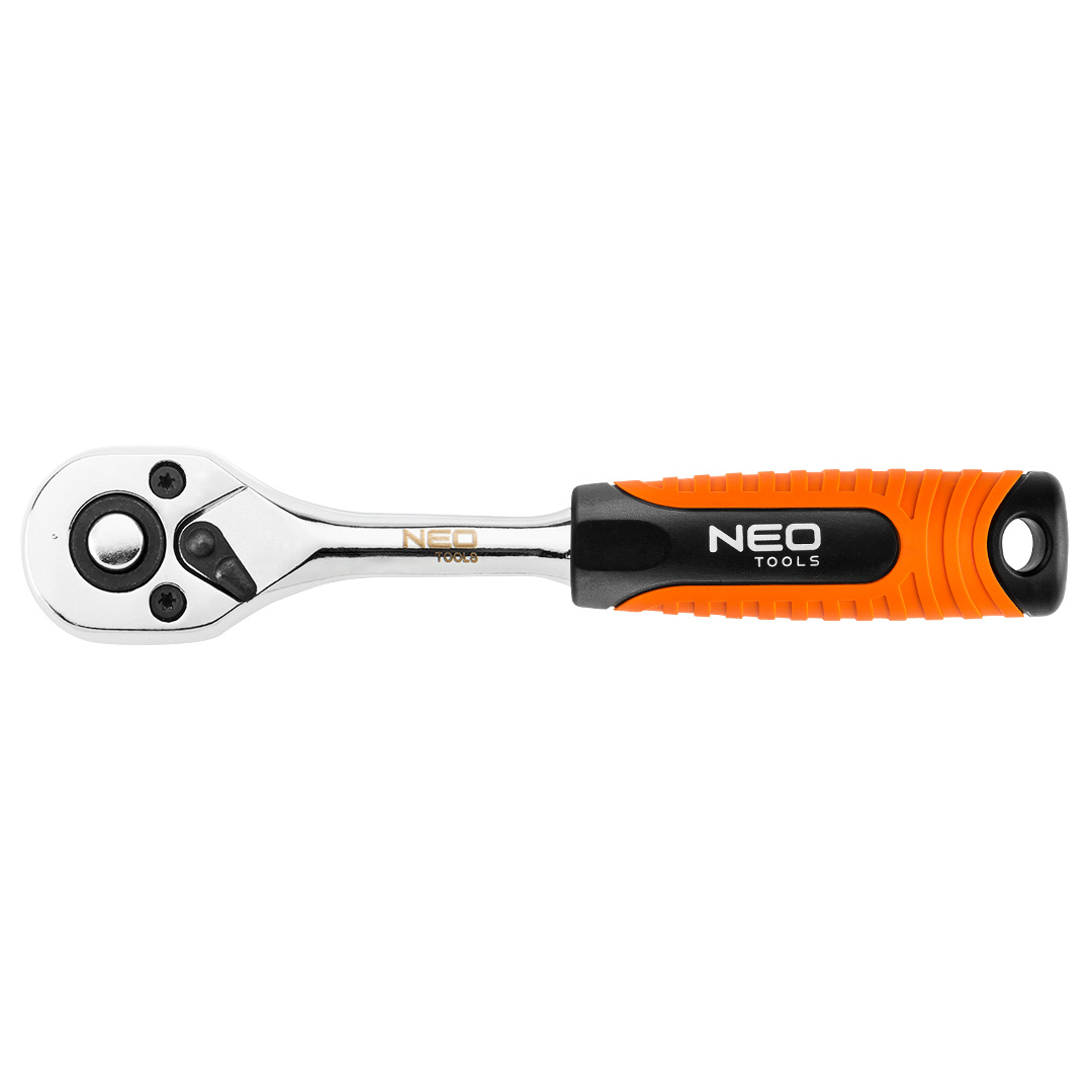 TOP-08-504--Grzechotka 1/4", 150 mm, korpus ze stali CrV, mechanizm zapadkowy ze stali CrMo, 45 zębów, przełącznik kierunku obrotów, system blokowania i zwalniania nasadki, dwumateriałowy uchwyt, DIN3122, certyfikat TÜV M+T, 25 lat gwarancji