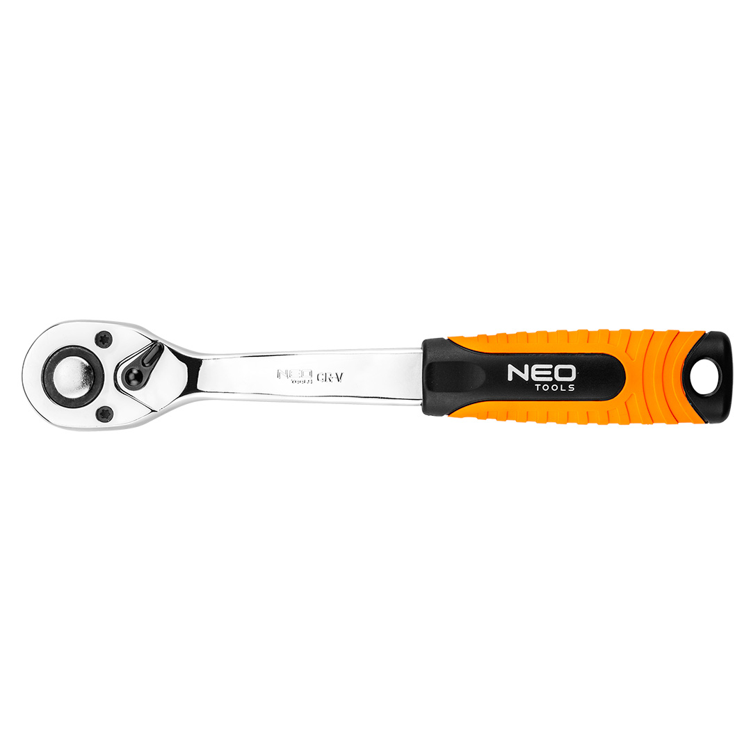 TOP-08-507--Grzechotka 3/8", 195 mm, korpus ze stali CrV, dwumateriałowy uchwyt, mechanizm zapadkowy ze stali CrMo, 72 zęby, przełącznik kierunku obrotów, system blokowania i zwalniania nasadki, DIN3122, certyfikat TÜV M+T, 25 lat gwarancji