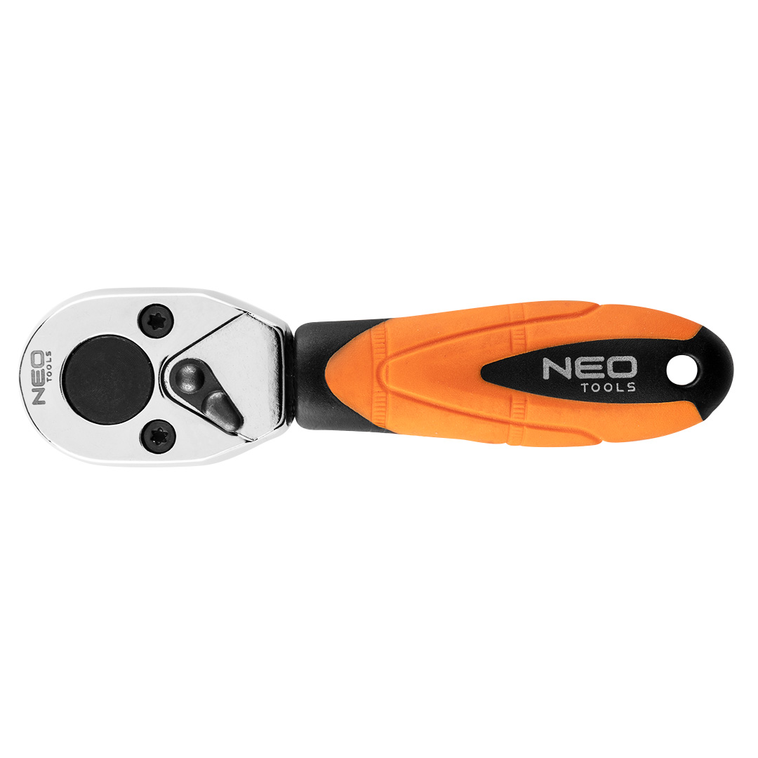 TOP-08-512--Grzechotka do bitów 1/4", 105 mm, korpus ze stali CrV, mechanizm zapadkowy ze stali CrMo, 48 zębów, przełącznik kierunku obrotów, dwumateriałowy uchwyt, certyfikat TÜV M+T, 25 lat gwarancji