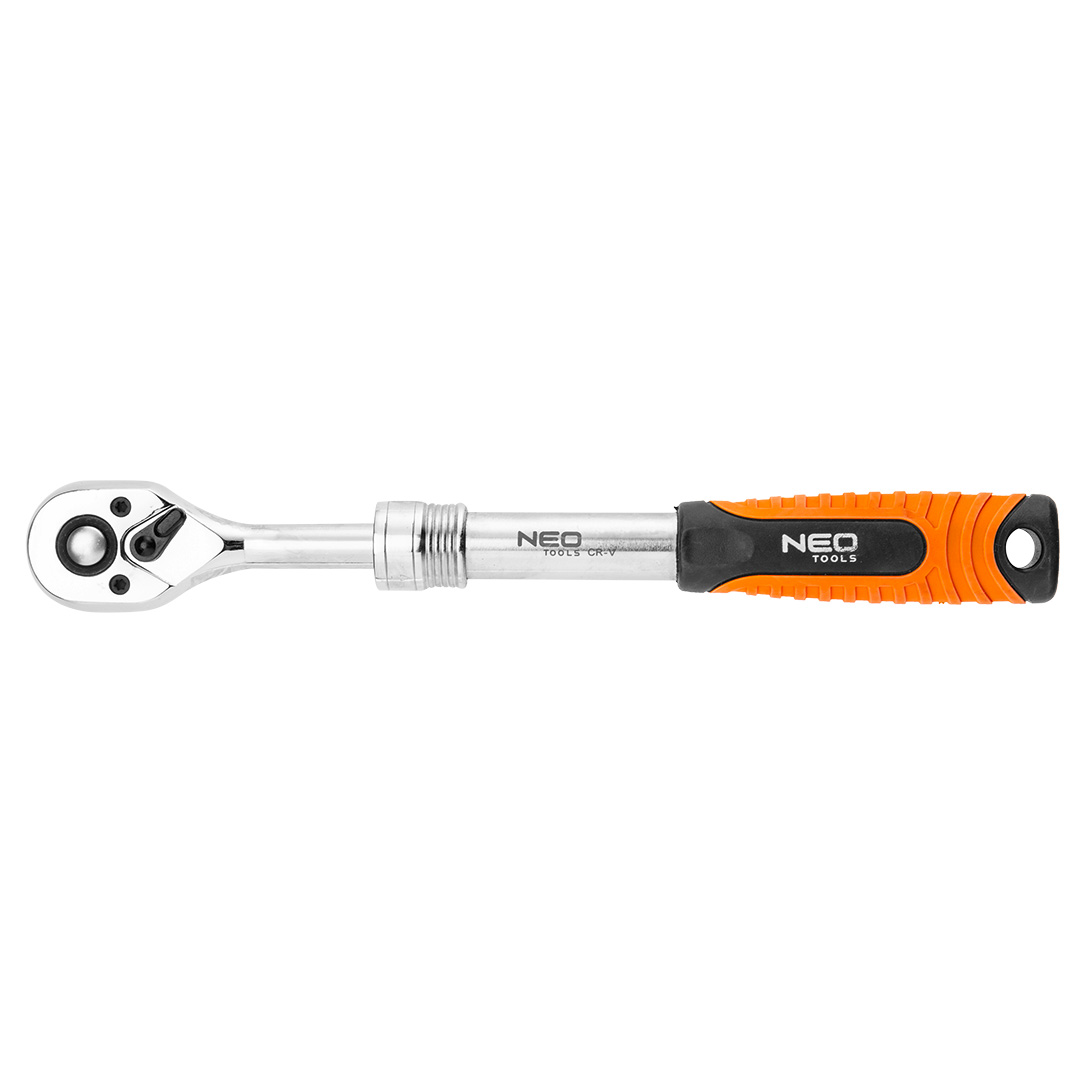 TOP-08-515--Grzechotka teleskopowa 1/2", 305-445 mm, korpus ze stali CrV, mechanizm zapadkowy ze stali CrMo, 72 zęby, przełącznik kierunku obrotów, system blokowania i zwalniania nasadki, dwumateriałowy uchwyt, DIN3122, certyfikat TÜV M+T, 25 lat gwarancji