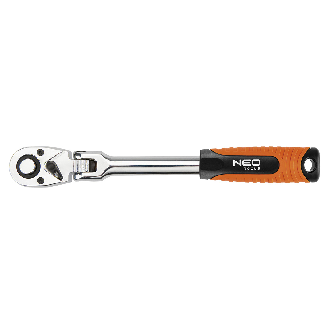 TOP-08-519--Grzechotka 1/2", 285 mm, korpus ze stali CrV, mechanizm zapadkowy ze stali CrMo, 72 zęby, zakres ruchu głowicy 180°, przełącznik kierunku obrotów, system blokowania i zwalniania nasadki, dwumateriałowy uchwyt, DIN3122, certyfikat TÜV M+T, 25 lat