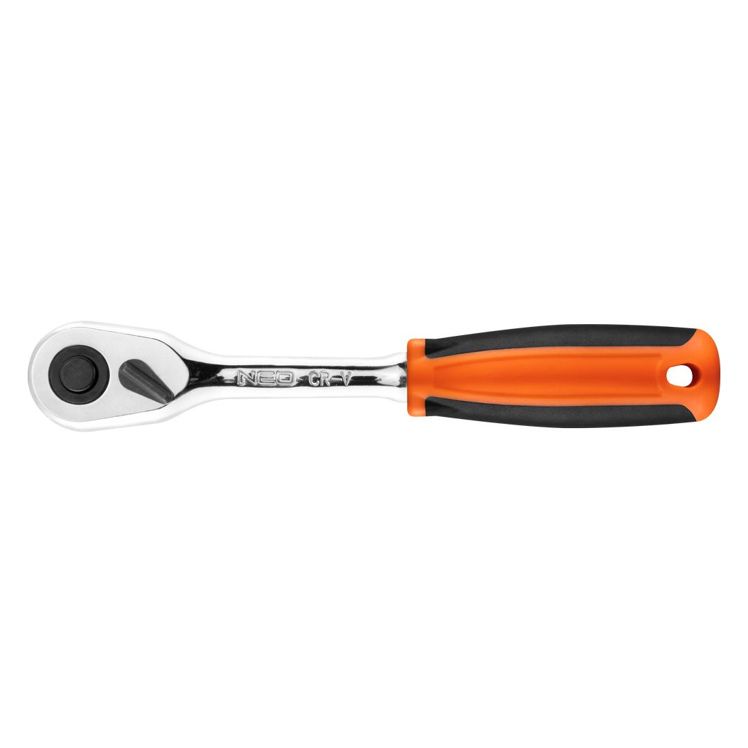 TOP-08-523--Grzechotka 1/4", 155 mm, korpus ze stali CrV, mechanizm zapadkowy ze stali CrMo, 45 zębów, przełącznik kierunku obrotów, system blokowania i zwalniania nasadki, dwumateriałowy uchwyt, DIN3122, certyfikat TÜV M+T, 25 lat gwarancji