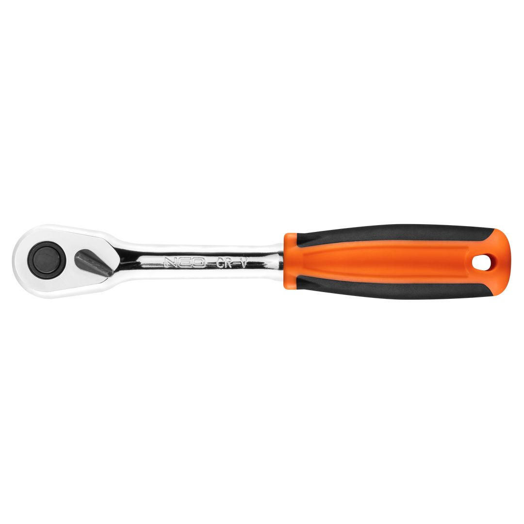 TOP-08-524--Grzechotka 3/8", 200 mm, korpus ze stali CrV, mechanizm zapadkowy ze stali CrMo, 45 zębów, przełącznik kierunku obrotów, system blokowania i zwalniania nasadki, dwumateriałowy uchwyt, DIN3122, certyfikat TÜV M+T, 25 lat gwarancji