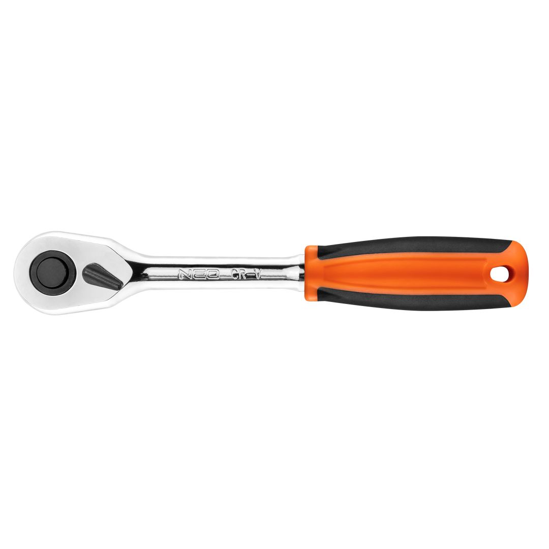 TOP-08-525--Grzechotka 1/2", 250 mm, korpus ze stali CrV, mechanizm zapadkowy ze stali CrMo, 45 zębów, przełącznik kierunku obrotów, system blokowania i zwalniania nasadki, dwumateriałowy uchwyt, DIN3122, certyfikat TÜV M+T, 25 lat gwarancji