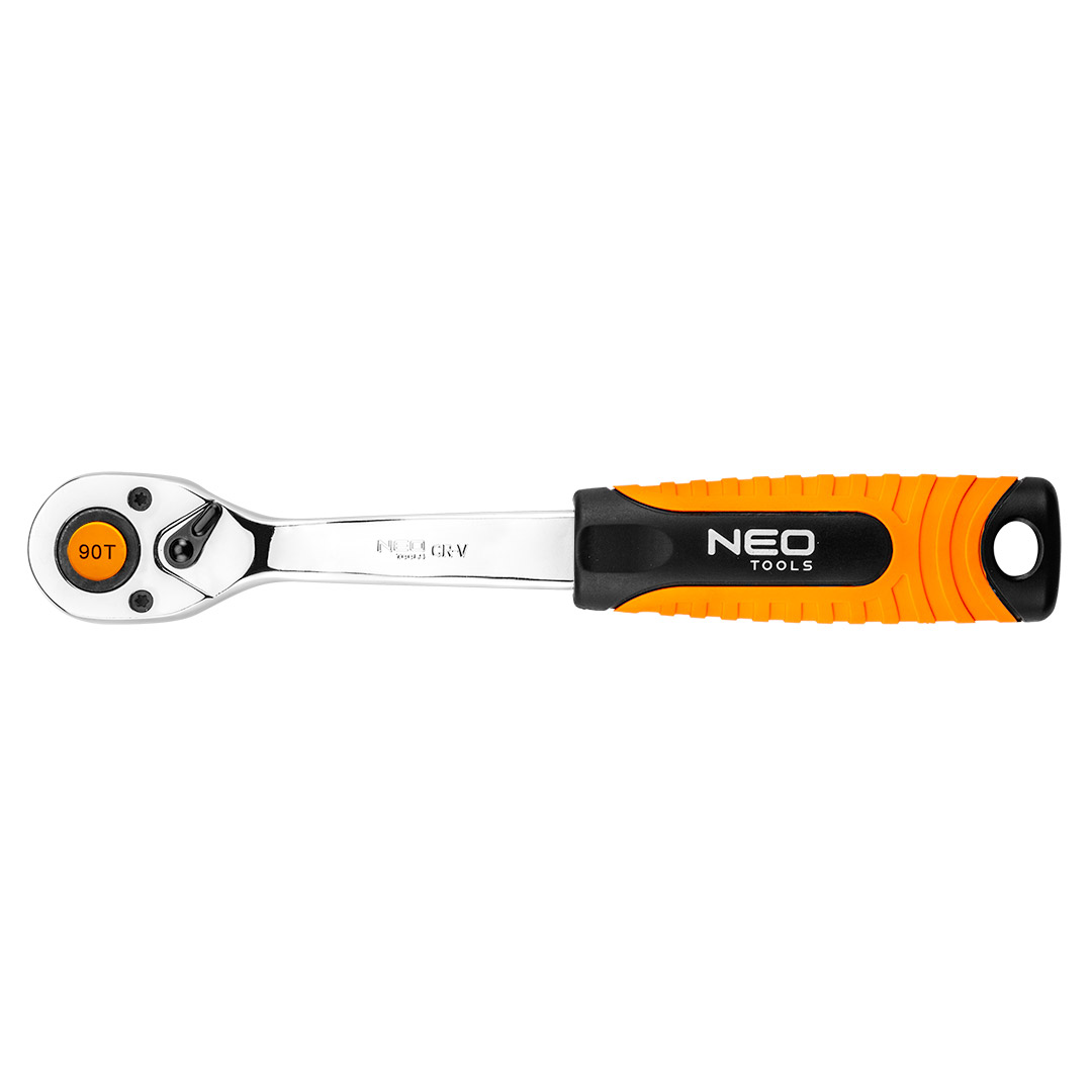 TOP-08-530--Grzechotka 1/4", 155 mm, korpus ze stali CrV, mechanizm zapadkowy ze stali CrMo, 90 zębów, przełącznik kierunku obrotów, system blokowania i zwalniania nasadki, dwumateriałowy uchwyt, DIN3122, certyfikat TÜV M+T, 25 lat gwarancji