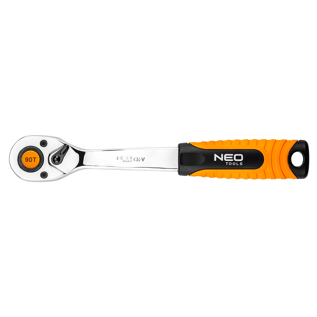 TOP-08-533--Grzechotka 3/8", 200 mm, korpus ze stali CrV, mechanizm zapadkowy ze stali CrMo, 90 zębów, przełącznik kierunku obrotów, system blokowania i zwalniania nasadki, dwumateriałowy uchwyt, DIN3122, certyfikat TÜV M+T, 25 lat gwarancji
