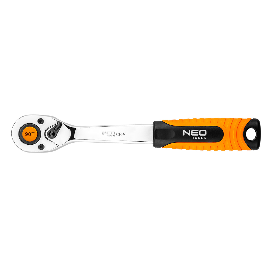 TOP-08-536--Grzechotka 1/2", 250 mm, korpus ze stali CrV, mechanizm zapadkowy ze stali CrMo, 90 zębów, przełącznik kierunku obrotów, system blokowania i zwalniania nasadki, dwumateriałowy uchwyt, DIN3122, certyfikat TÜV M+T, 25 lat gwarancji