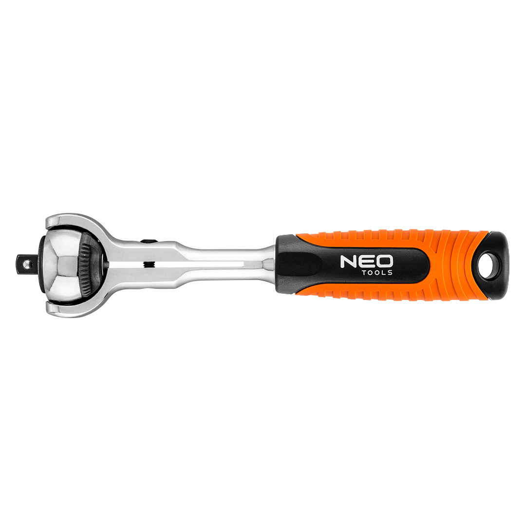TOP-08-540--Grzechotka 1/4", 155 mm, korpus ze stali CrV, mechanizm zapadkowy ze stali CrMo, 72 zęby, przełącznik kierunku obrotów, system blokowania i zwalniania nasadki, obrotowa głowica, dwumateriałowy uchwyt, DIN3122, certyfikat TÜV M+T, 25 lat gwarancj