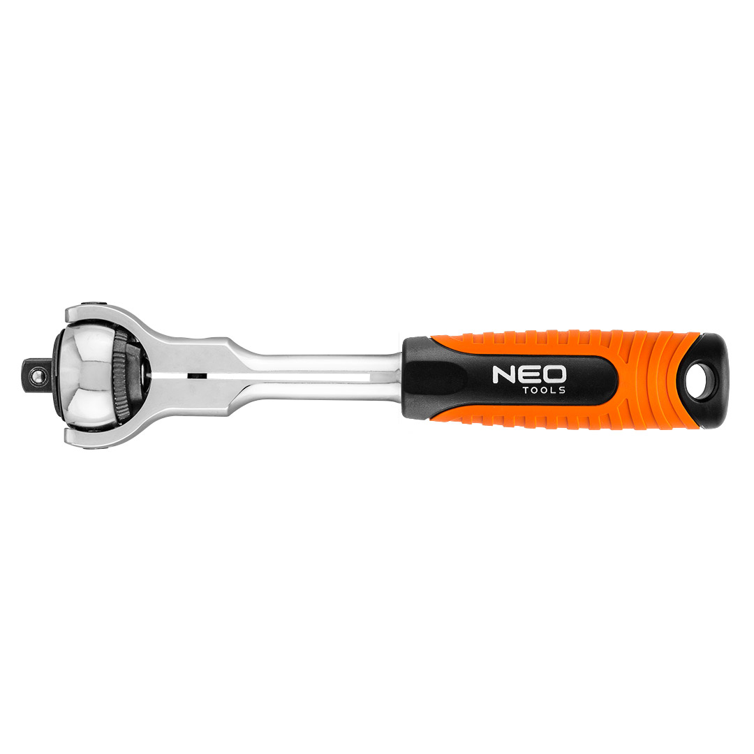TOP-08-543--Grzechotka 3/8", 200 mm, korpus ze stali CrV, mechanizm zapadkowy ze stali CrMo, 72 zęby, przełącznik kierunku obrotów, system blokowania i zwalniania nasadki, obrotowa głowica, dwumateriałowy uchwyt, DIN3122, certyfikat TÜV M+T, 25 lat gwarancj