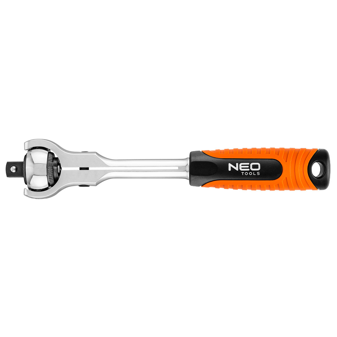 TOP-08-546--Grzechotka 1/2", 250 mm, korpus ze stali CrV, mechanizm zapadkowy ze stali CrMo, 72 zęby, przełącznik kierunku obrotów, system blokowania i zwalniania nasadki, obrotowa głowica, dwumateriałowy uchwyt, DIN3122, certyfikat TÜV M+T, 25 lat gwarancj