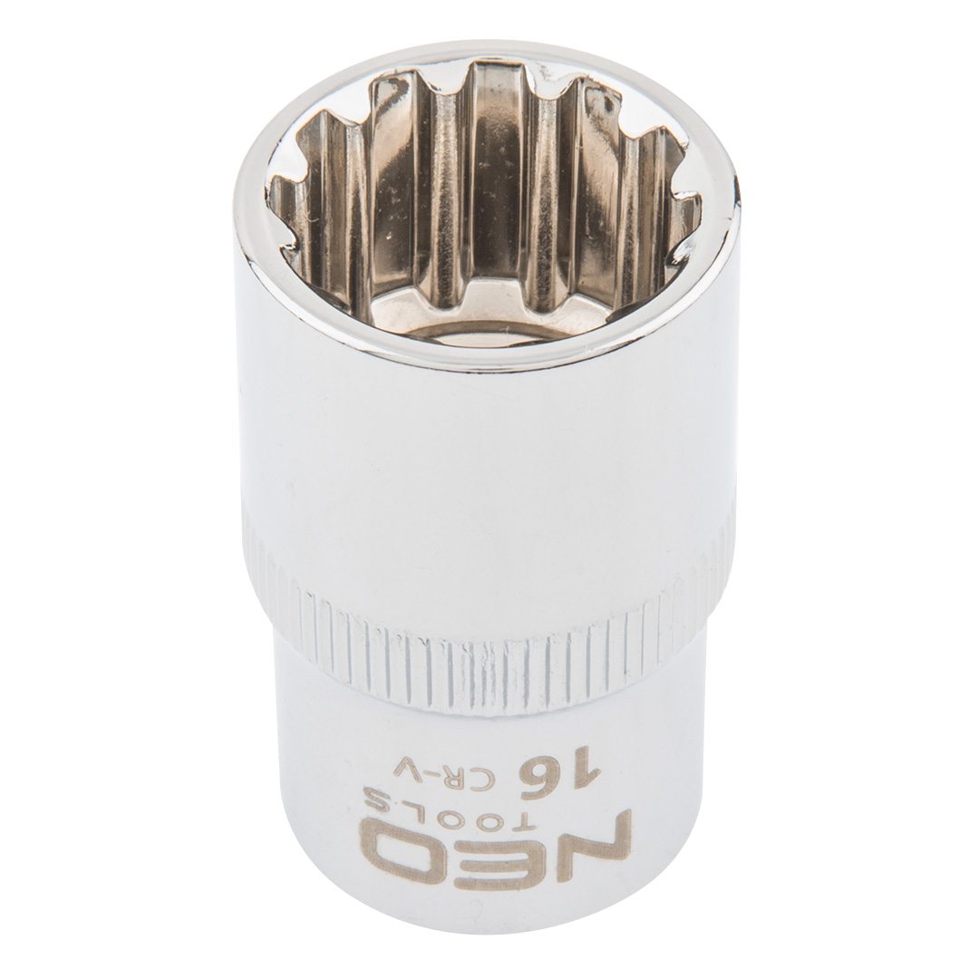 TOP-08-588--Nasadka Spline 1/2", 16 mm, sferyczny kształt pasujący do śrub sześciokątnych metrycznych i calowych, dwunastokątnych, kwadratowych, Torx, Spline, stal CrV, DIN3124, certyfikat TÜV M+T, 25 lat gwarancji