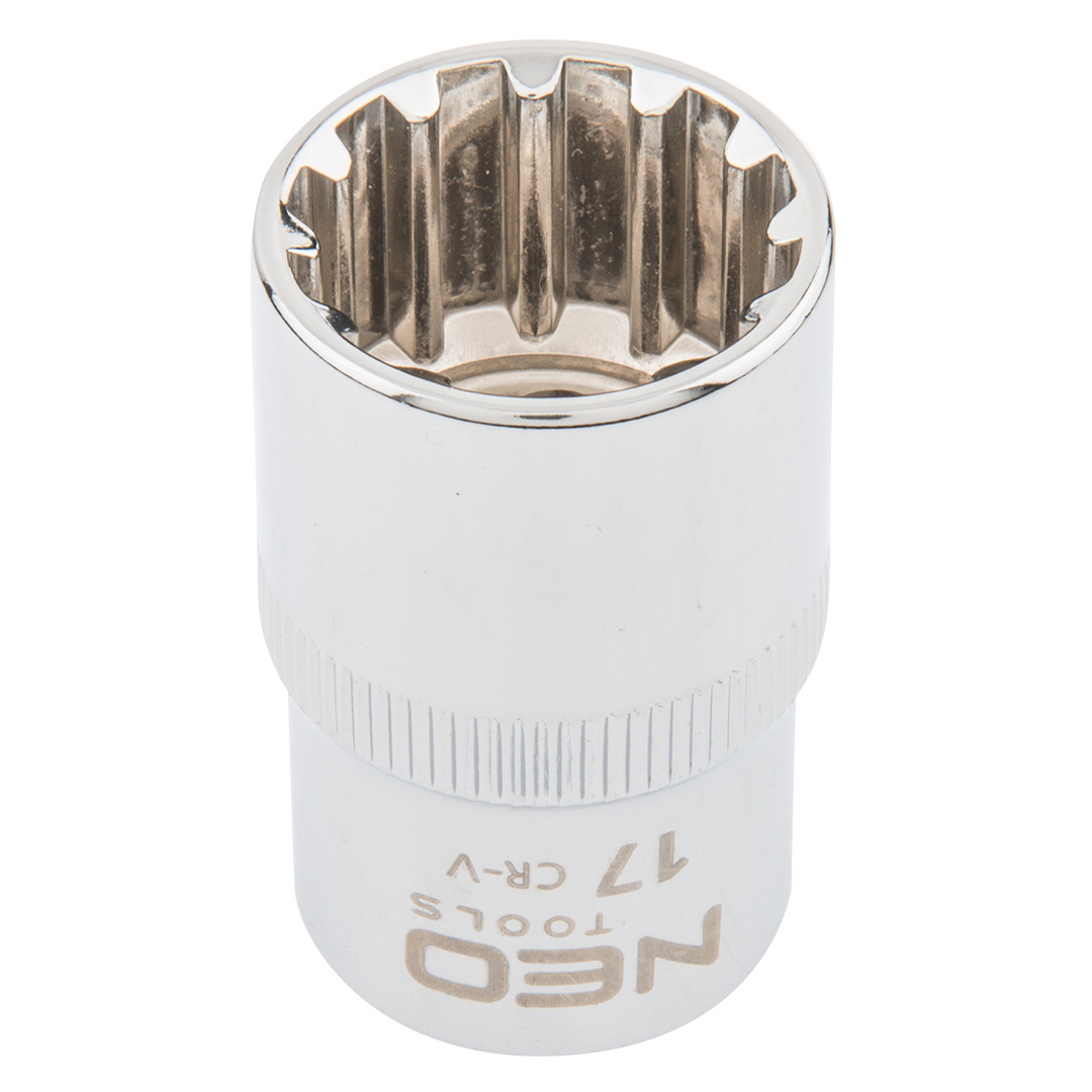 TOP-08-589--Nasadka Spline 1/2", 17 mm, sferyczny kształt pasujący do śrub sześciokątnych metrycznych i calowych, dwunastokątnych, kwadratowych, Torx, Spline, stal CrV, DIN3124, certyfikat TÜV M+T, 25 lat gwarancji