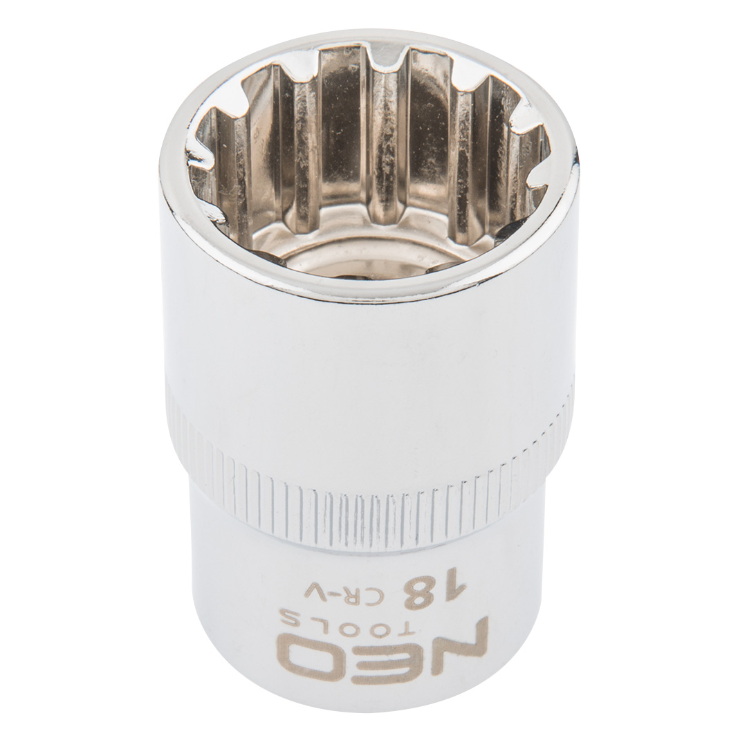 TOP-08-590--Nasadka Spline 1/2", 18 mm, sferyczny kształt pasujący do śrub sześciokątnych metrycznych i calowych, dwunastokątnych, kwadratowych, Torx, Spline, stal CrV, DIN3124, certyfikat TÜV M+T, 25 lat gwarancji