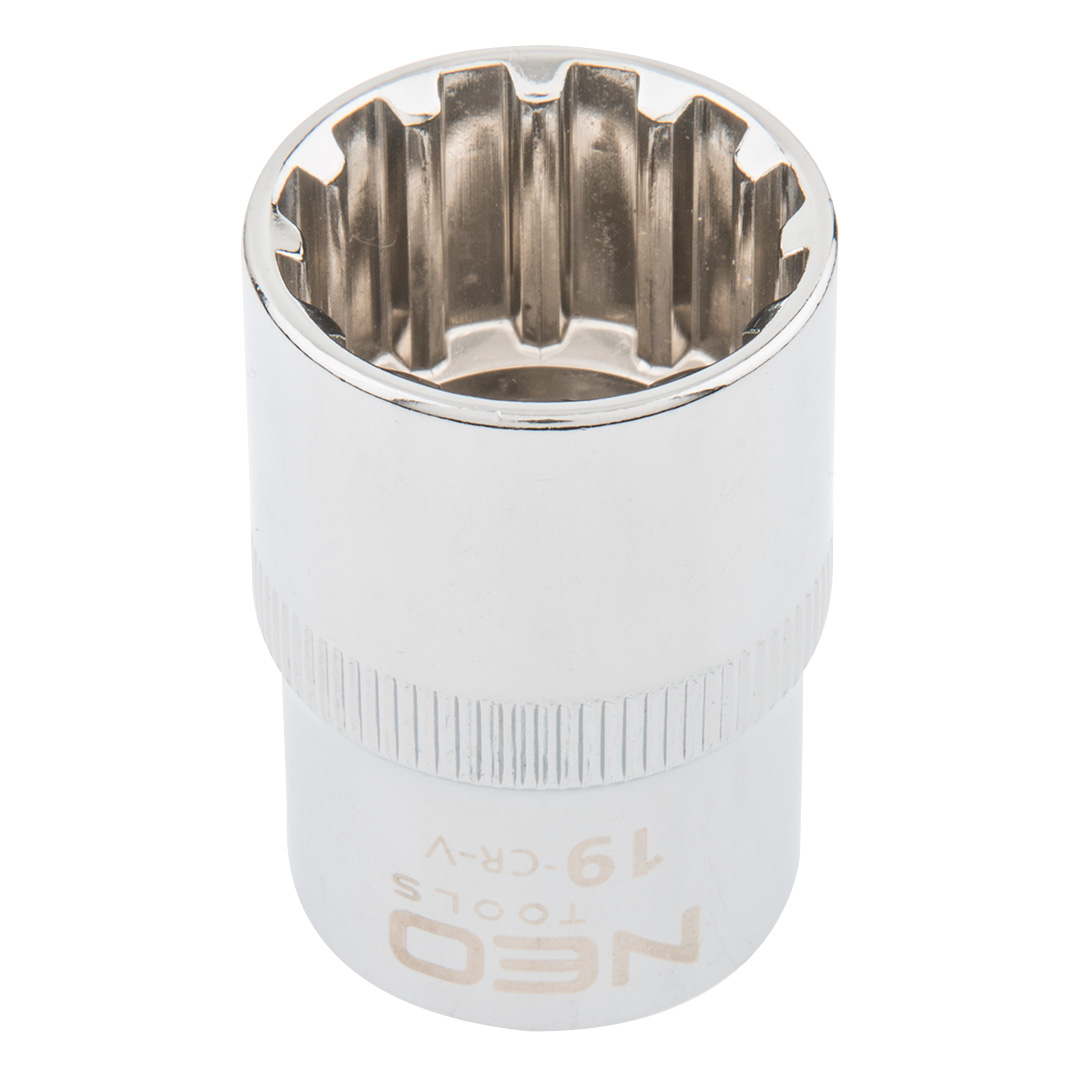 TOP-08-591--Nasadka Spline 1/2", 19 mm, sferyczny kształt pasujący do śrub sześciokątnych metrycznych i calowych, dwunastokątnych, kwadratowych, Torx, Spline, stal CrV, DIN3124, certyfikat TÜV M+T, 25 lat gwarancji