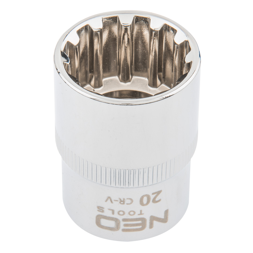 TOP-08-592--Nasadka Spline 1/2", 20 mm, sferyczny kształt pasujący do śrub sześciokątnych metrycznych i calowych, dwunastokątnych, kwadratowych, Torx, Spline, stal CrV, DIN3124, certyfikat TÜV M+T, 25 lat gwarancji