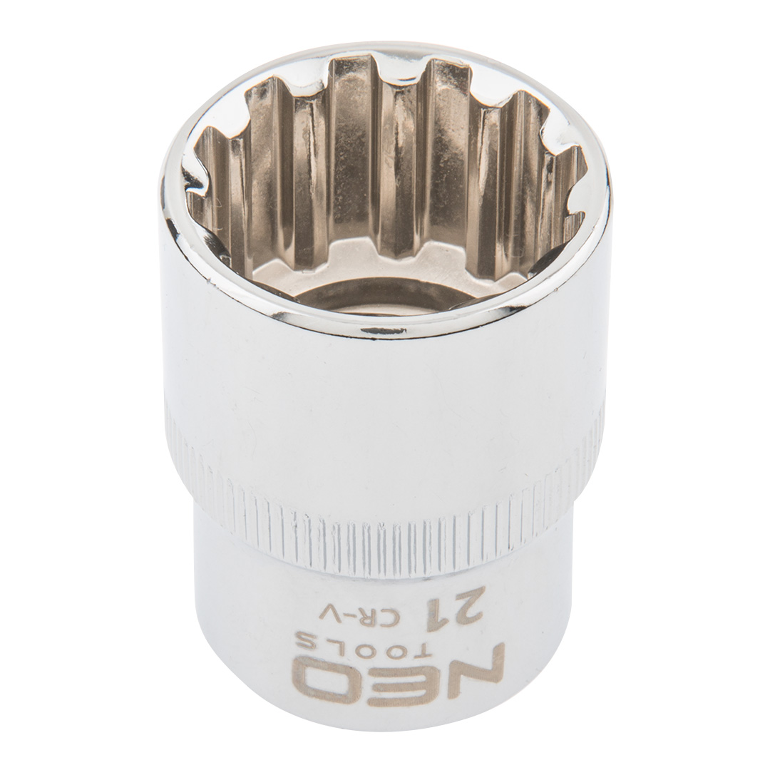 TOP-08-593--Nasadka Spline 1/2", 21 mm, sferyczny kształt pasujący do śrub sześciokątnych metrycznych i calowych, dwunastokątnych, kwadratowych, Torx, Spline, stal CrV, DIN3124, certyfikat TÜV M+T, 25 lat gwarancji