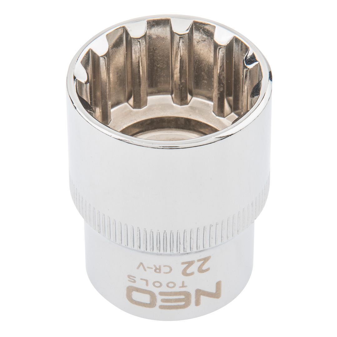 TOP-08-594--Nasadka Spline 1/2", 22 mm, sferyczny kształt pasujący do śrub sześciokątnych metrycznych i calowych, dwunastokątnych, kwadratowych, Torx, Spline, stal CrV, DIN3124, certyfikat TÜV M+T, 25 lat gwarancji