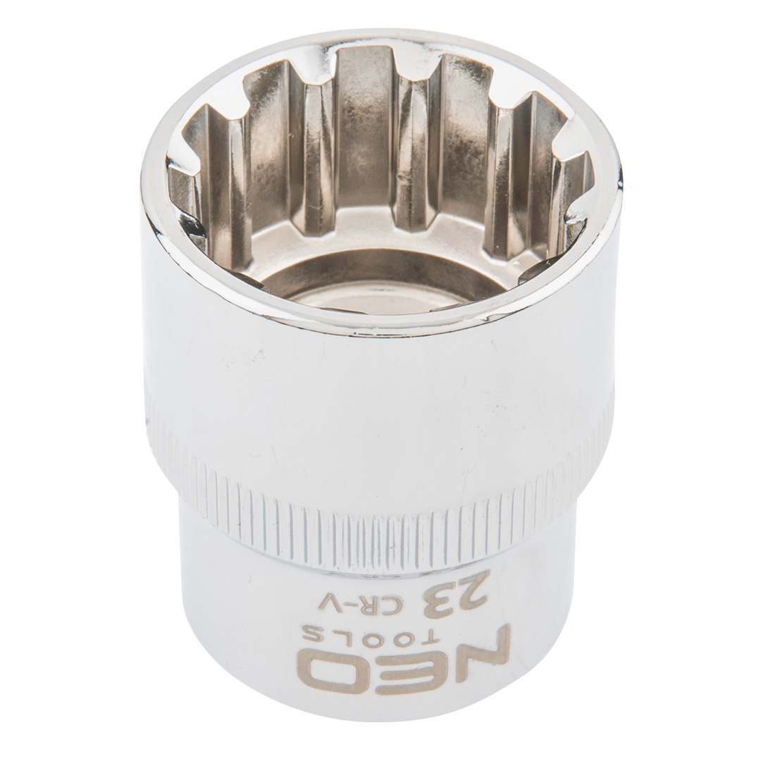 TOP-08-595--Nasadka Spline 1/2", 23 mm, sferyczny kształt pasujący do śrub sześciokątnych metrycznych i calowych, dwunastokątnych, kwadratowych, Torx, Spline, stal CrV, DIN3124, certyfikat TÜV M+T, 25 lat gwarancji