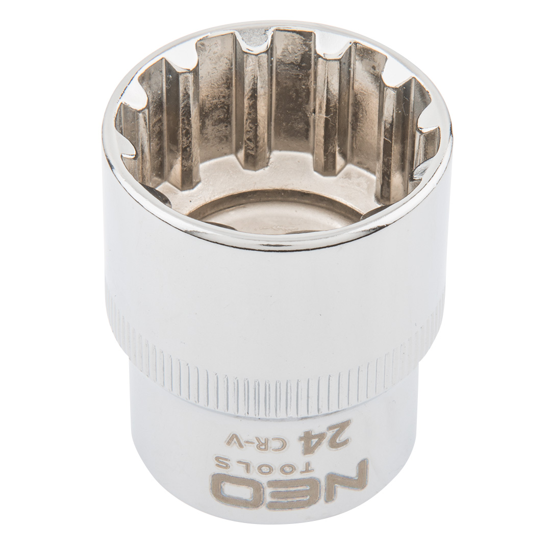 TOP-08-596--Nasadka Spline 1/2", 24 mm, sferyczny kształt pasujący do śrub sześciokątnych metrycznych i calowych, dwunastokątnych, kwadratowych, Torx, Spline, stal CrV, DIN3124, certyfikat TÜV M+T, 25 lat gwarancji