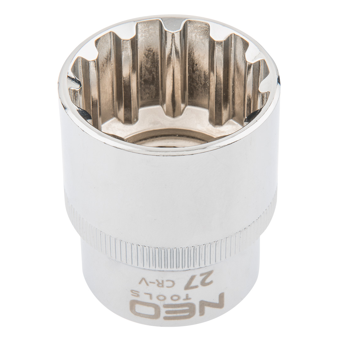 TOP-08-597--Nasadka Spline 1/2", 27 mm, sferyczny kształt pasujący do śrub sześciokątnych metrycznych i calowych, dwunastokątnych, kwadratowych, Torx, Spline, stal CrV, DIN3124, certyfikat TÜV M+T, 25 lat gwarancji