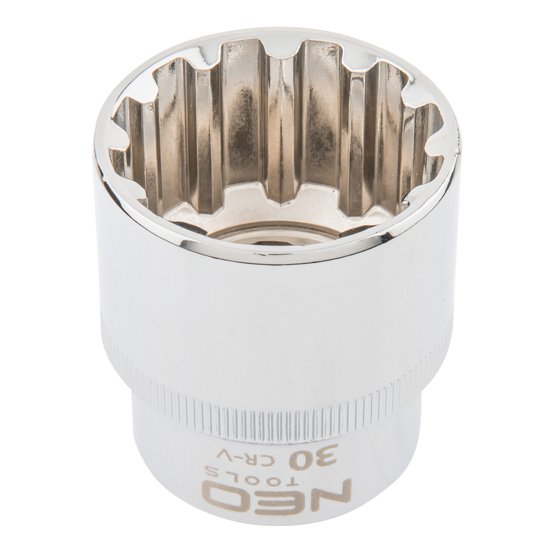 TOP-08-598--Nasadka Spline 1/2", 30 mm, sferyczny kształt pasujący do śrub sześciokątnych metrycznych i calowych, dwunastokątnych, kwadratowych, Torx, Spline, stal CrV, DIN3124, certyfikat TÜV M+T, 25 lat gwarancji