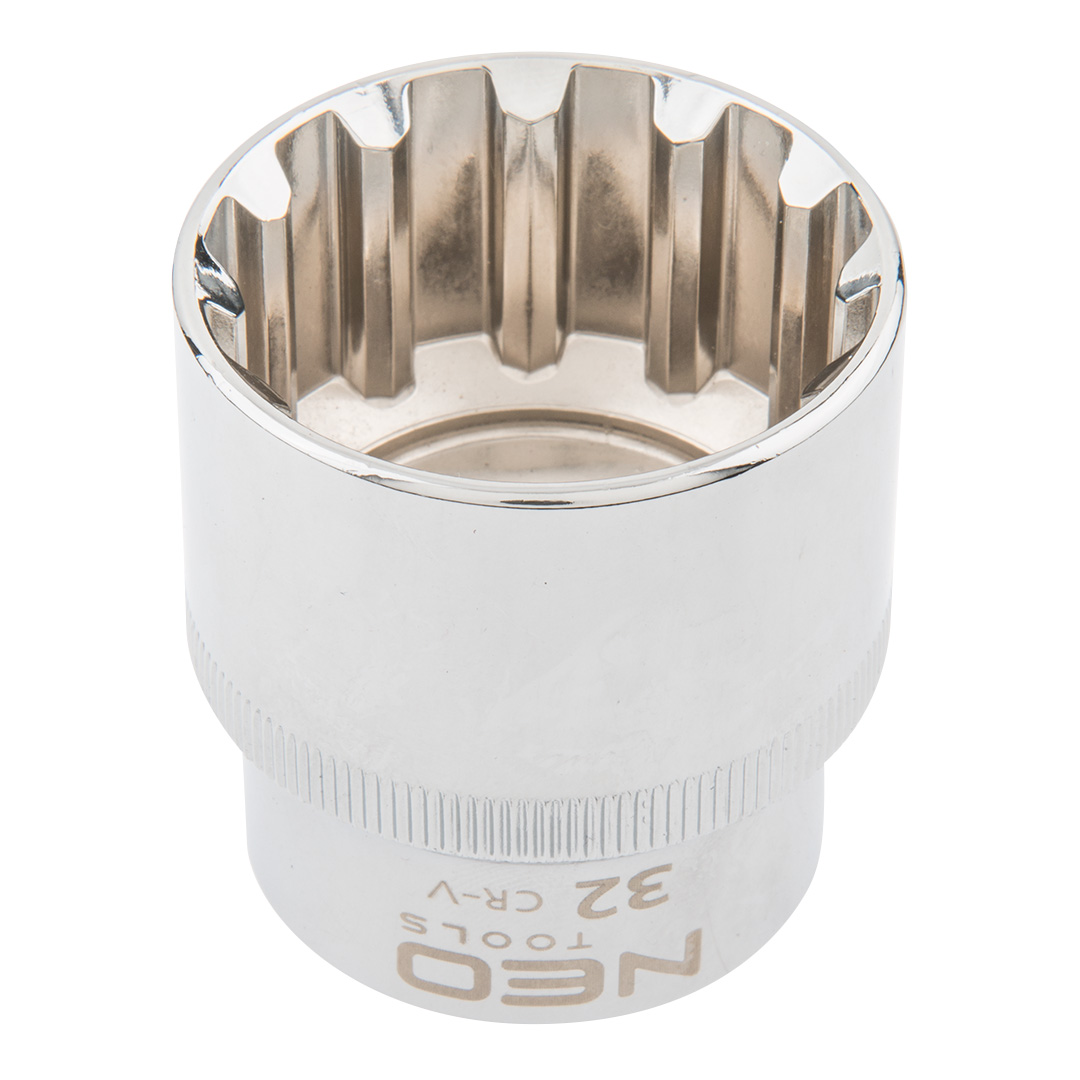 TOP-08-599--Nasadka Spline 1/2", 32 mm, sferyczny kształt pasujący do śrub sześciokątnych metrycznych i calowych, dwunastokątnych, kwadratowych, Torx, Spline, stal CrV, DIN3124, certyfikat TÜV M+T, 25 lat gwarancji